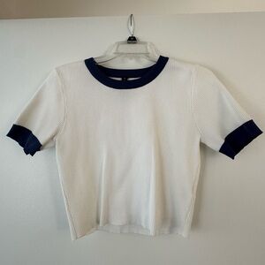 Cotton On Body White Ribbed Short Sleeve Top with Navy Trim